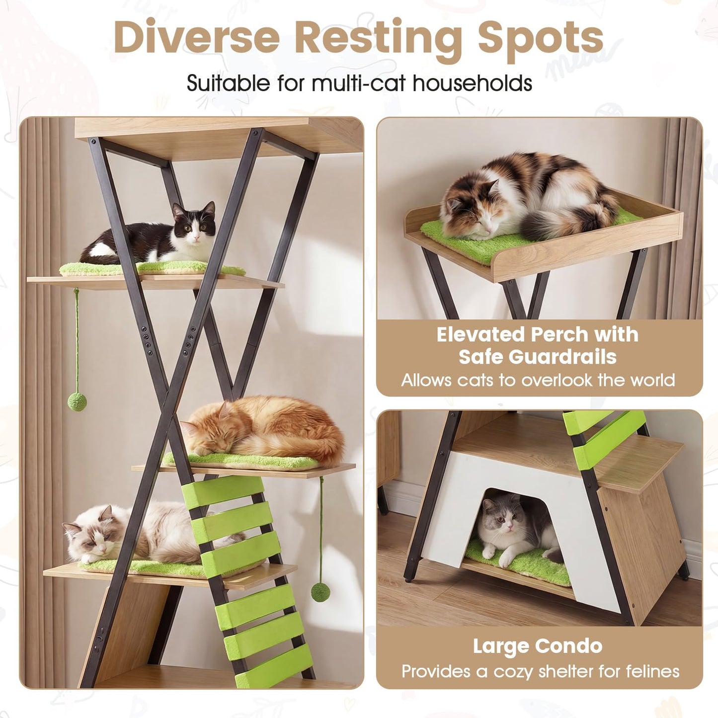 Multi-level Cat Tree, 185CM Wooden Cat Tower with Elevated Perch