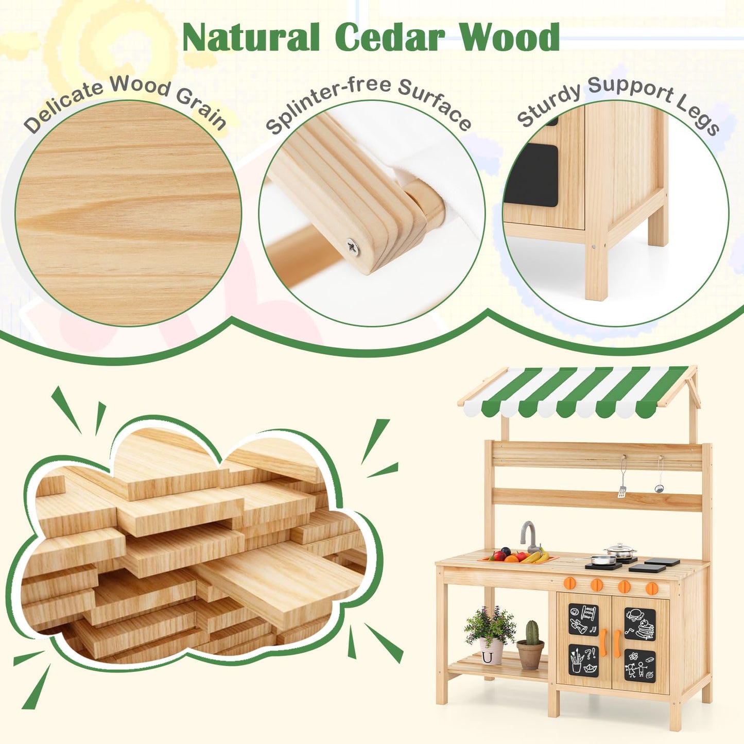 Wooden Outdoor Kitchen Playset with 4 Stoves