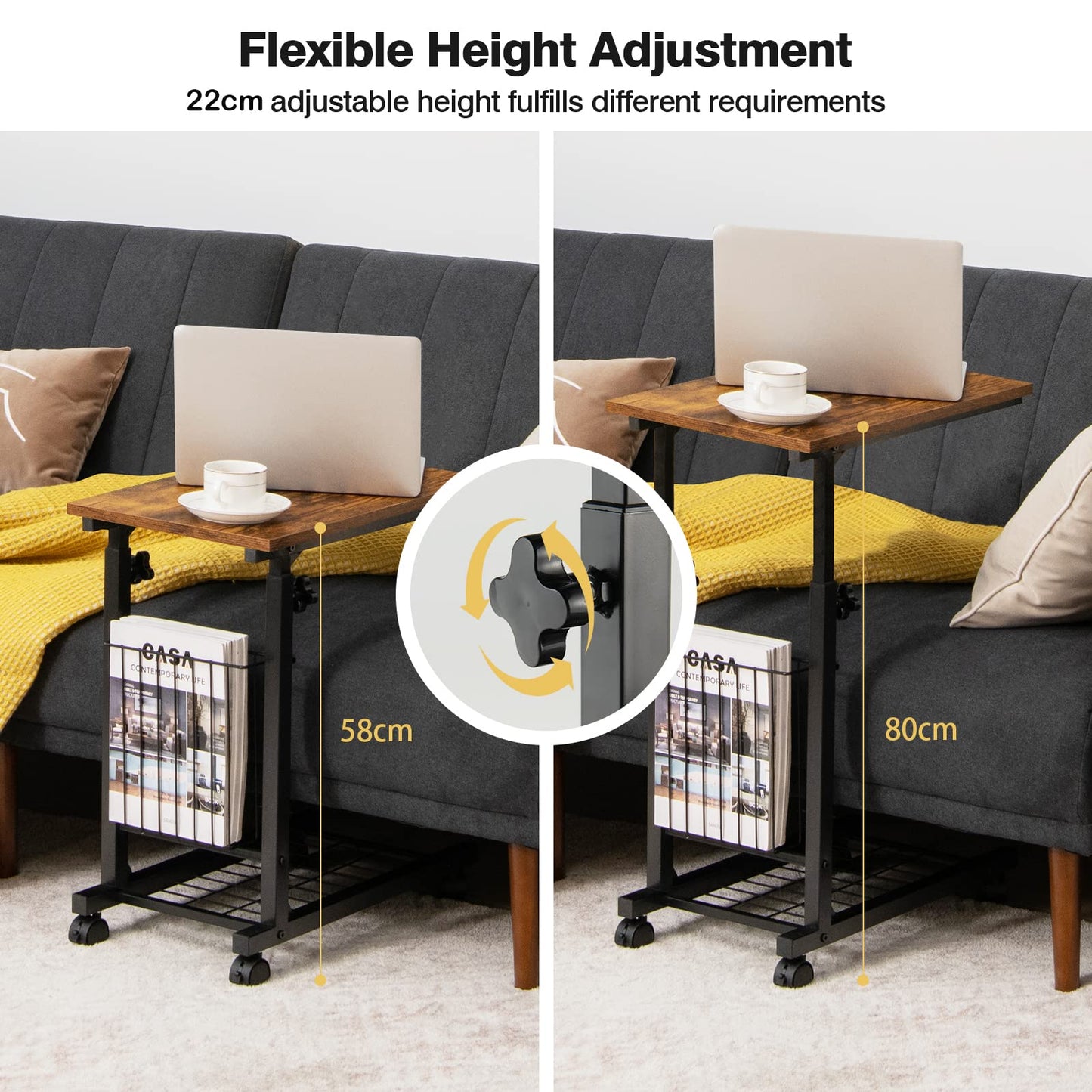 C-shape Adjustable End Table with Storage Basket