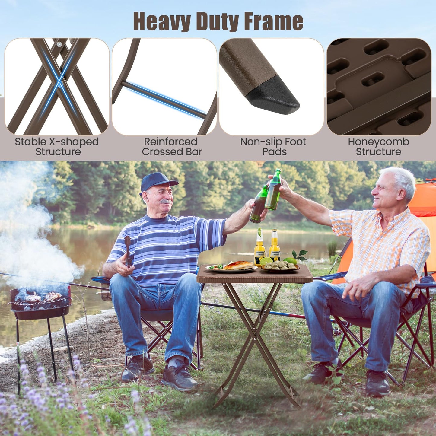 60 x 60 x 72cm Portable Square Camping Trestle Table with HDPE Top & Metal Frame
