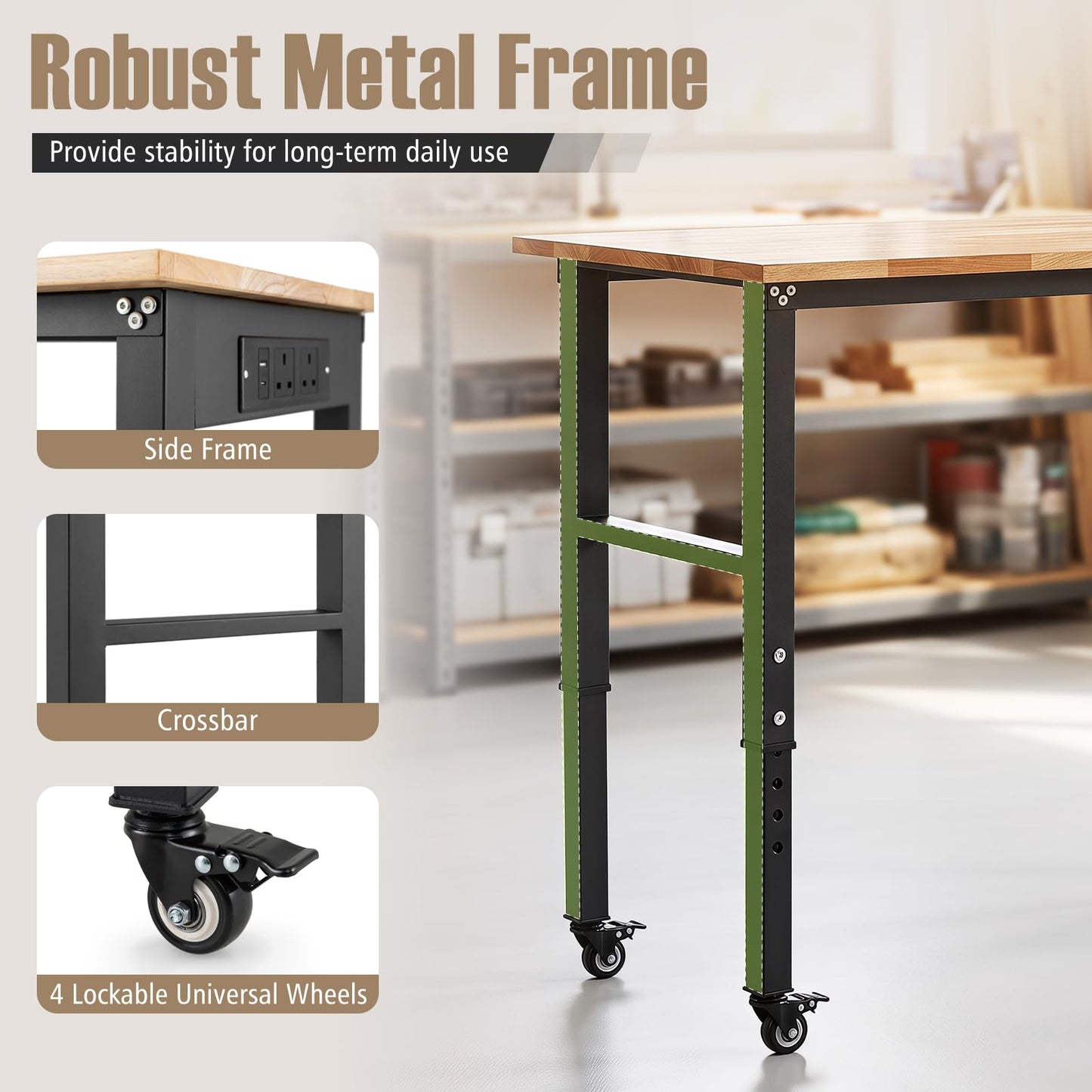 46 Inch Adjustable Workbench with Wheels and Power Outlet Oak Top for Garage