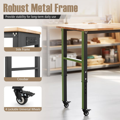 46 Inch Adjustable Workbench with Wheels and Power Outlet Oak Top for Garage