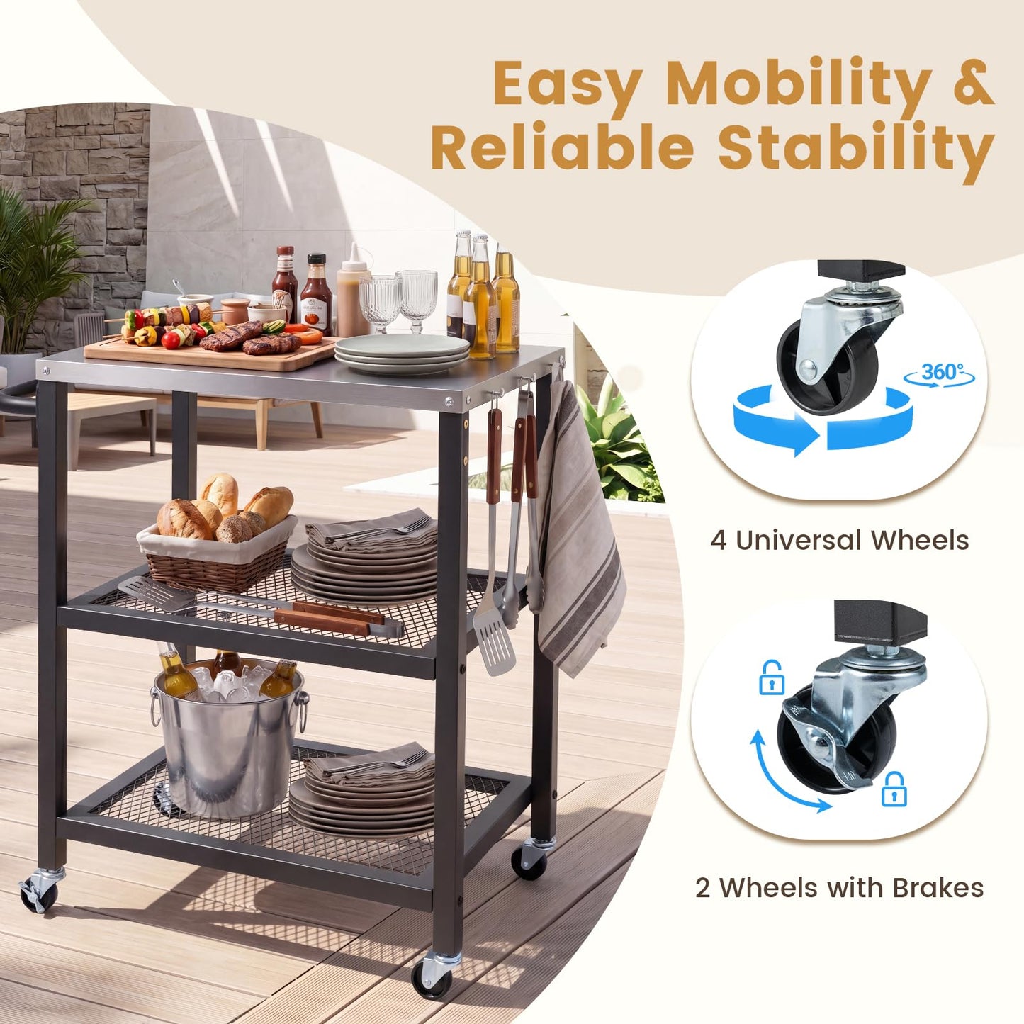 Outdoor Grill Cart on Wheels, Pizza Oven Stand Serving Trolley with Stainless Steel Top, Handle and Hooks