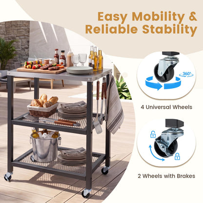Outdoor Grill Cart on Wheels, Pizza Oven Stand Serving Trolley with Stainless Steel Top, Handle and Hooks