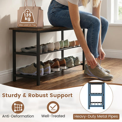3-Tier Shoe Storage Bench with Metal Slat Shelves and Long Wooden Seat