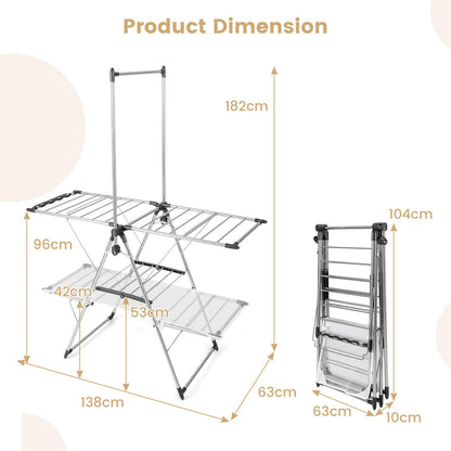 2-Tier Foldable Laundry Drying Rack with Tall Hanging Bar