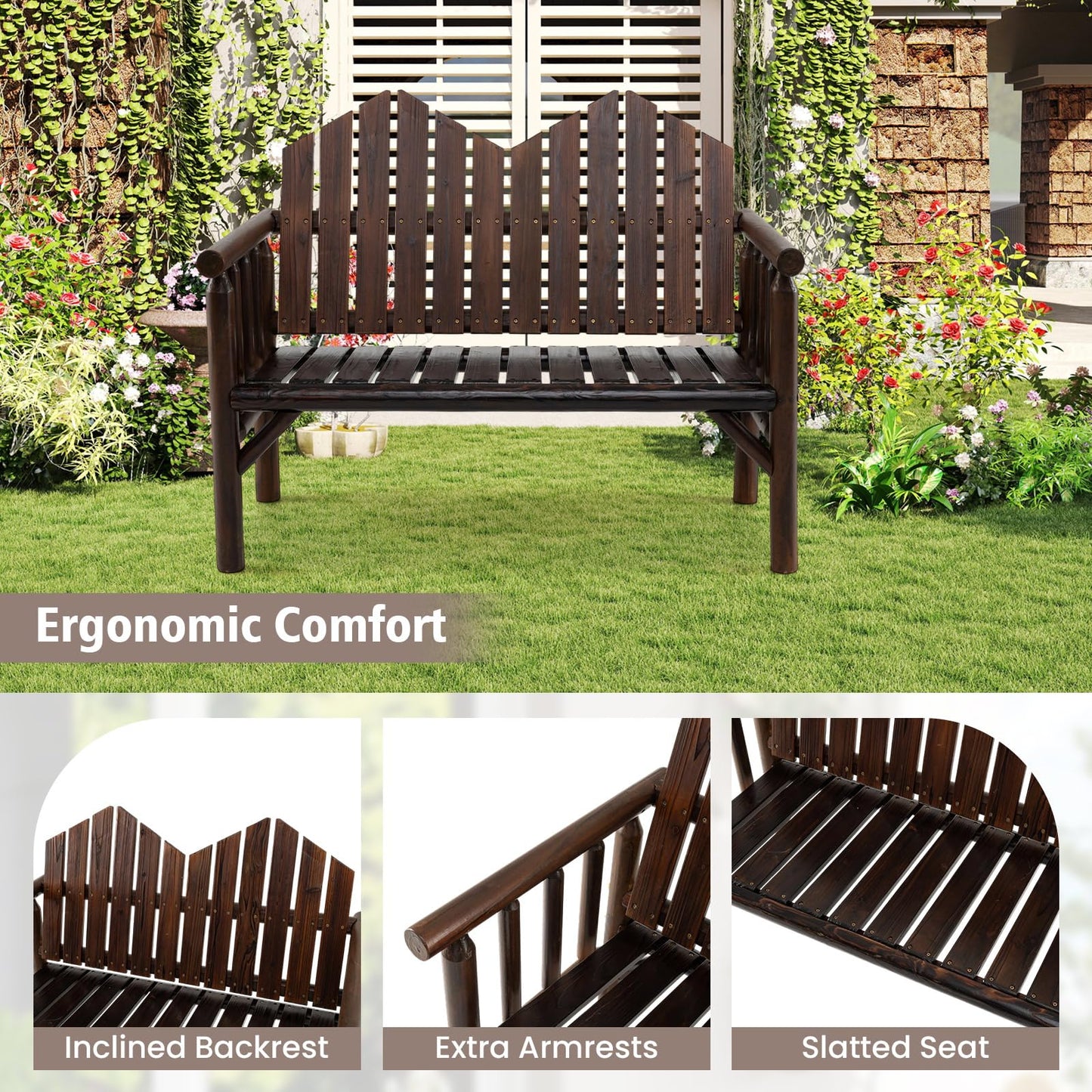 2-Seater Garden Bench, Solid Wood Patio Loveseat Park Bench Chair