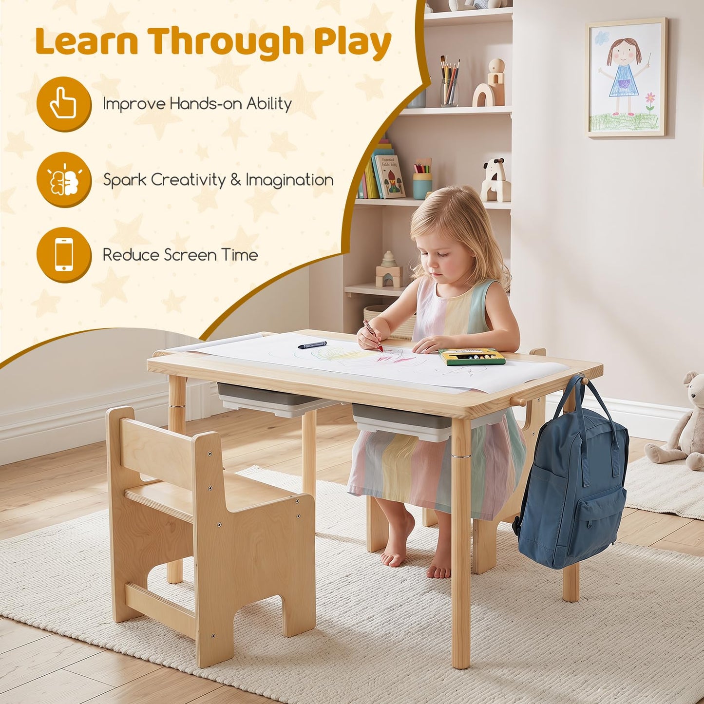 Sensory Table Set 3-Piece Kids Activity Table and Chair Set with Adjustable Height