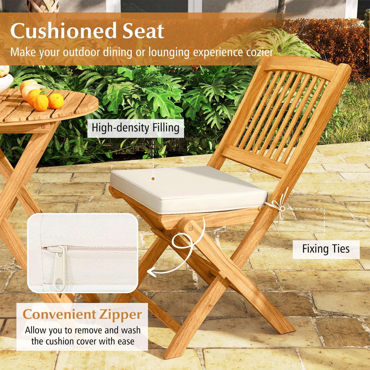 3 Piece Folding Bistro Set with Cushions for Patio