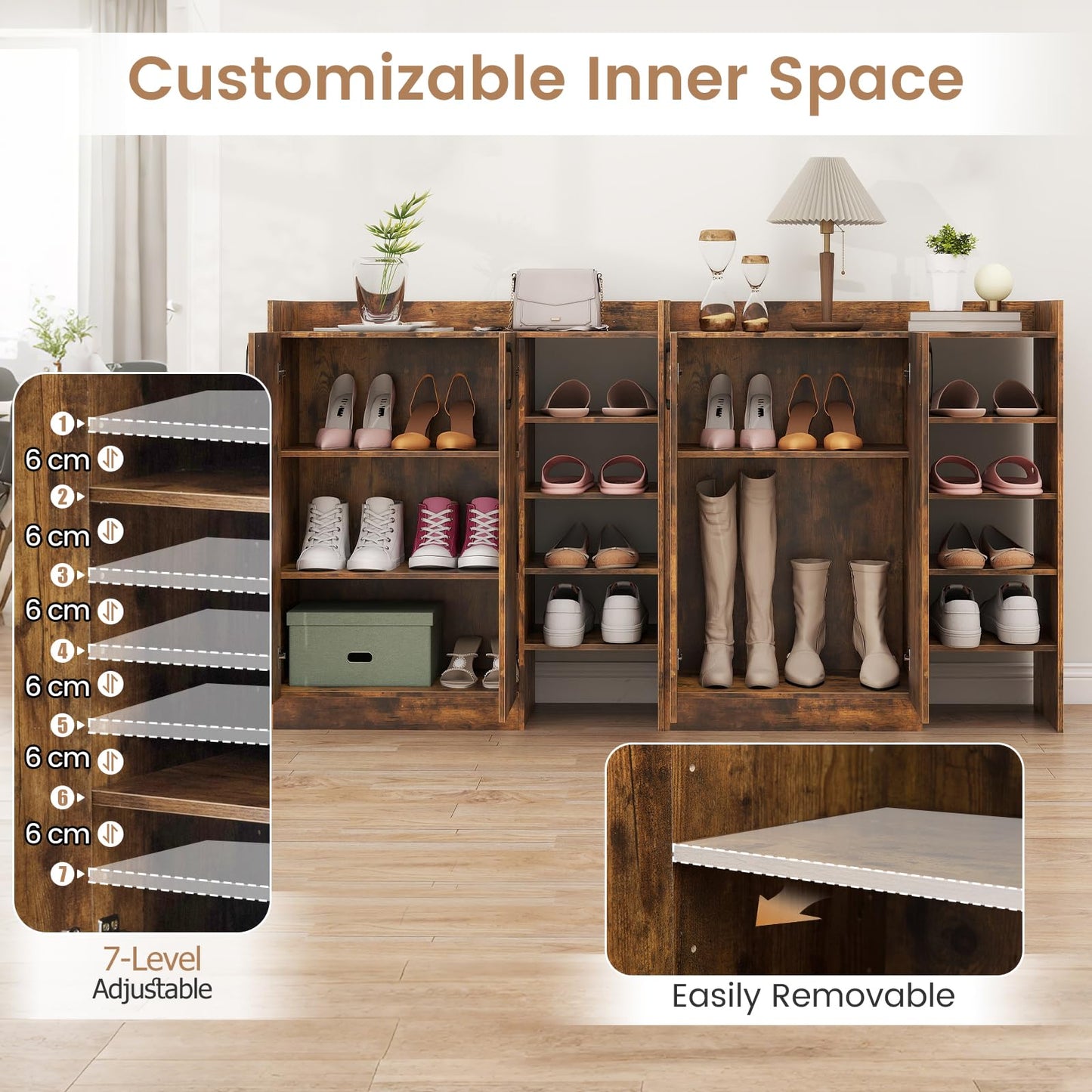 Shoe Storage Organizer with 2 Adjustable Inner Shelves and 4 Open Shelves