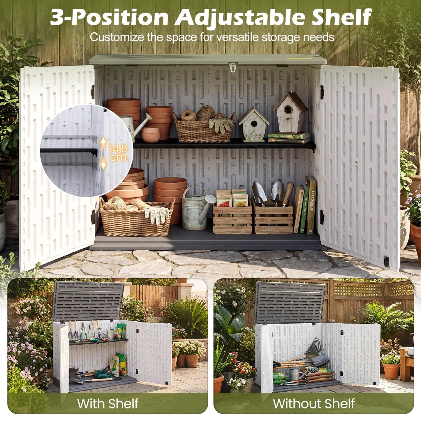 Outdoor Storage Box, All Weather Resistant Garden Shed with 3-Level Adjustable Shelf