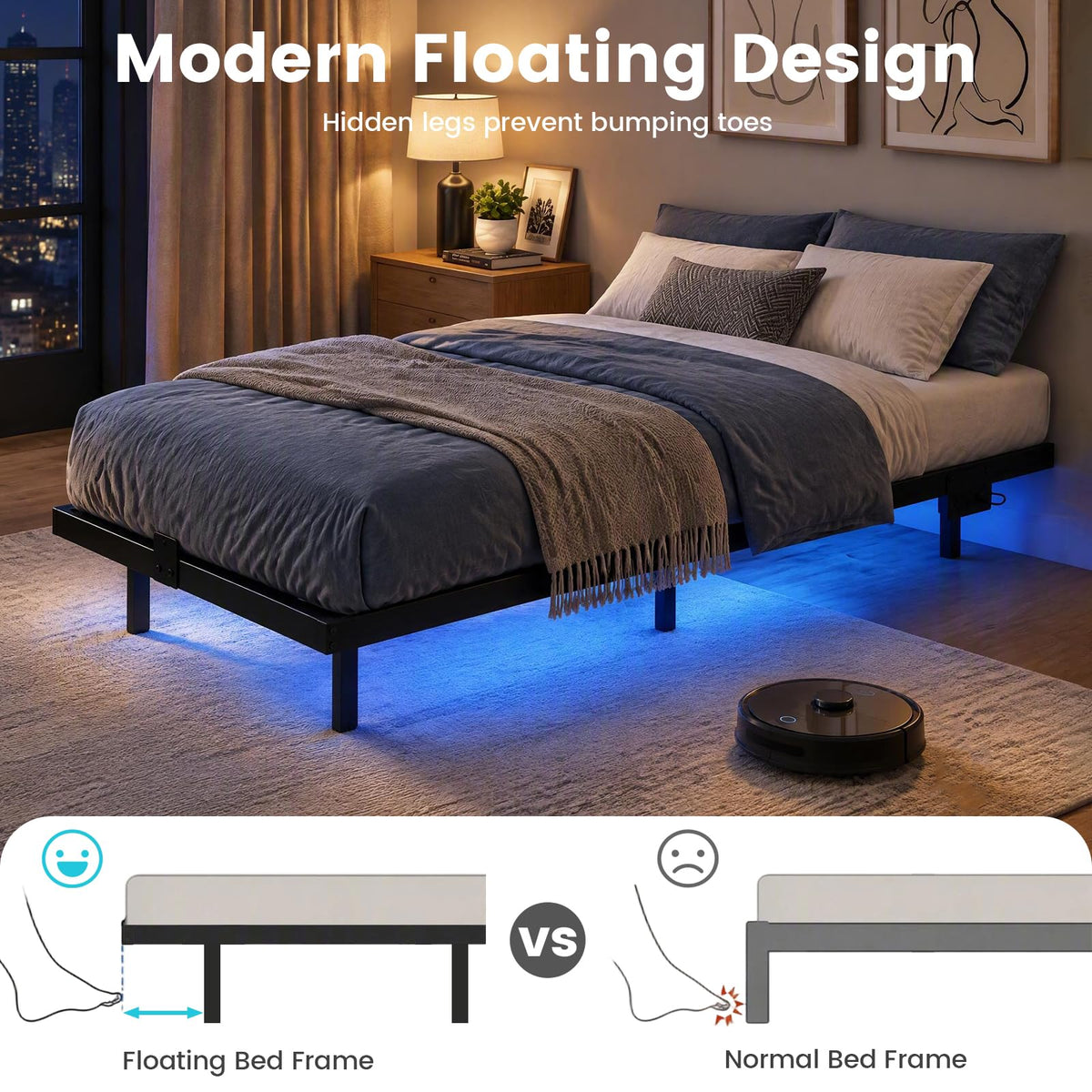 Floating Bed Frame with LED Lights and Charging Station Mattress Slide Stopper