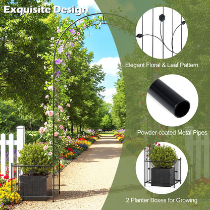 Metal Garden Arbor with Planter Boxes and Ground Stakes for Climbing Plants