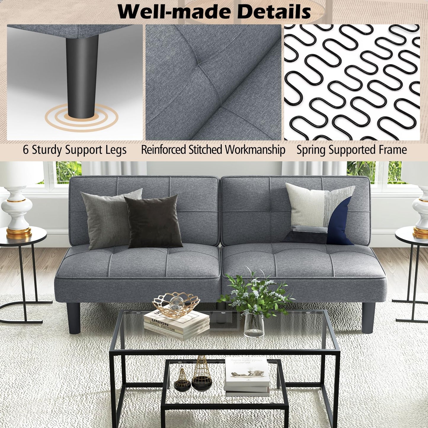 Convertible Folding Futon Sofa Bed with 6-Position Adjustable Backrest and Thick Cushion