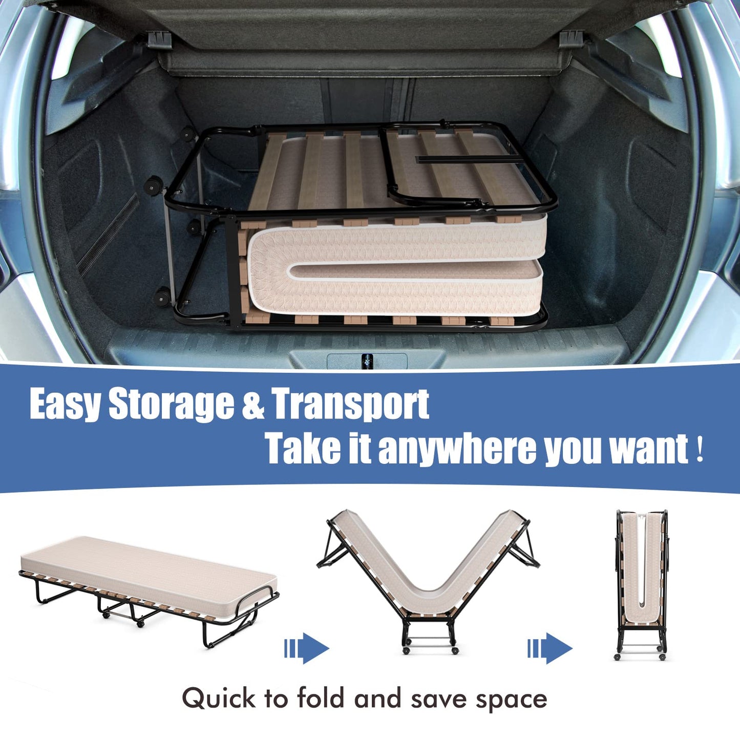 Rollaway Folding Bed with Memory Foam Mattress Guest Bed with Wheels