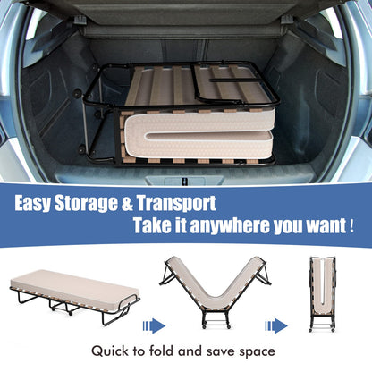 Rollaway Folding Bed with Memory Foam Mattress Guest Bed with Wheels