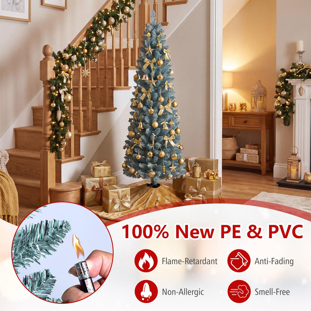 5FT/6FT/7FT Green Pencil Slim Christmas Tree, Traditional Artificial Pine Xmas Tree