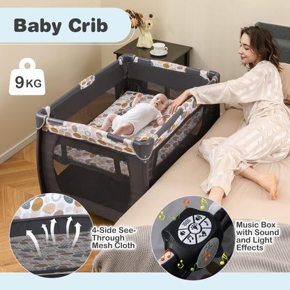 5 in 1 Travel Cot, Portable Baby Crib Bassinet with Rocking Bassinet & Diaper Changing Table