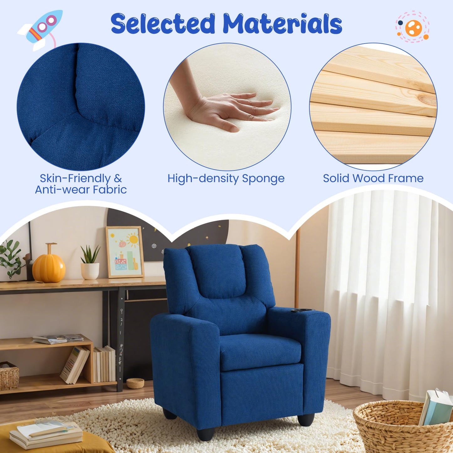 Kids Recliner with Cup Holder PU Leather Kids Reclining Chair