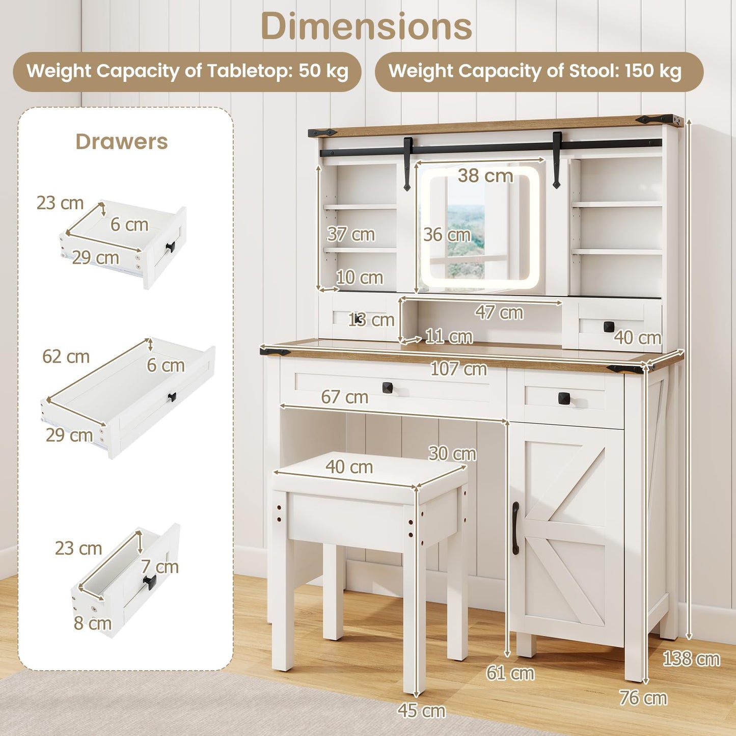 Makeup Vanity Desk and Stool Set with Sliding Mirror and Cabinet