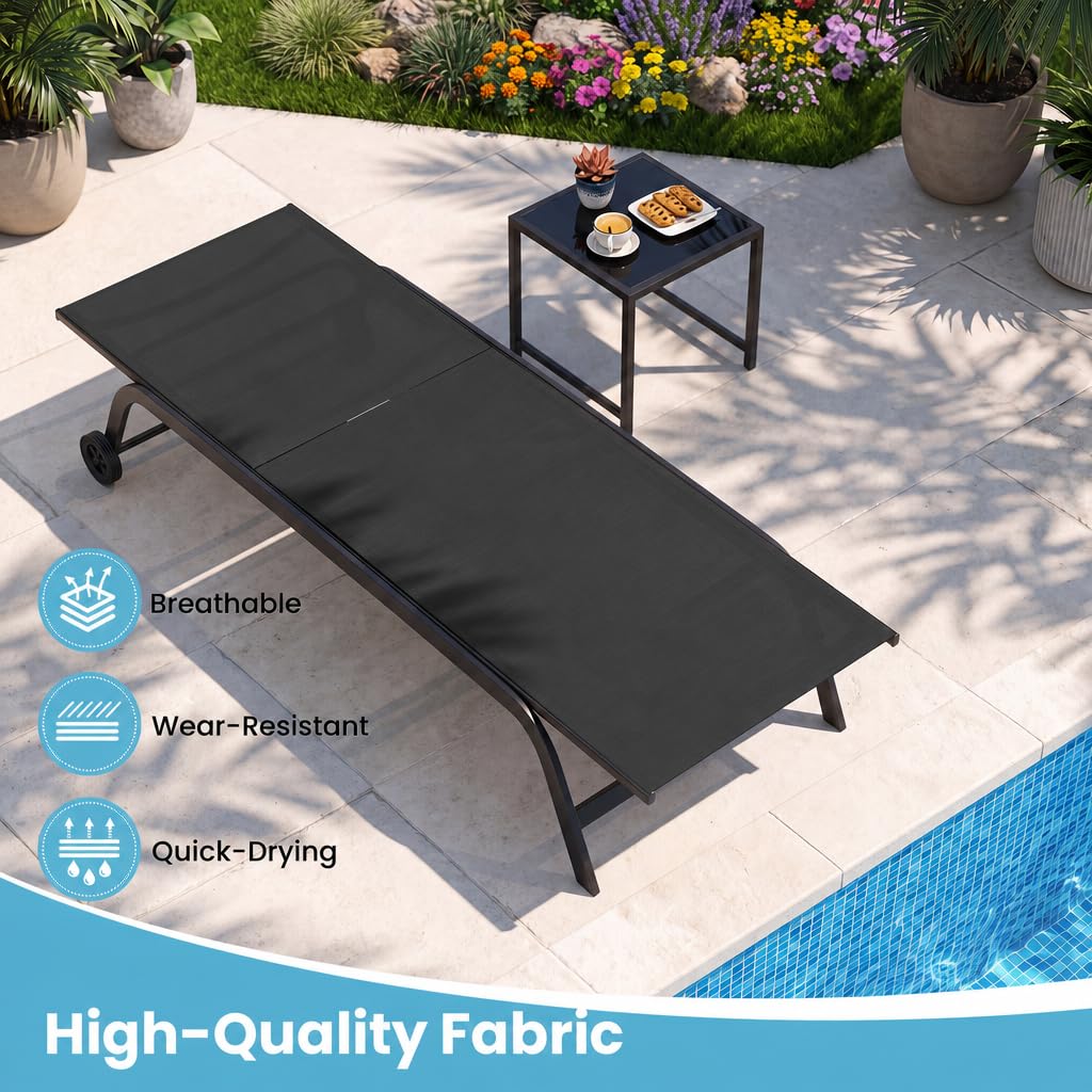 Garden Sun Lounger with Side Table, 6-Level Patio Recliner