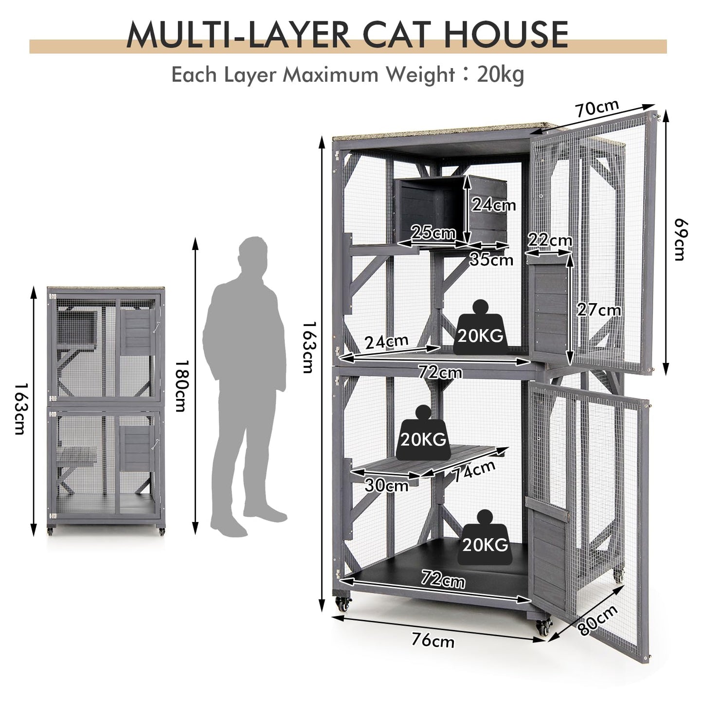 Wooden Weatherproof Roof Large Cats Enclosure with 4 Floors