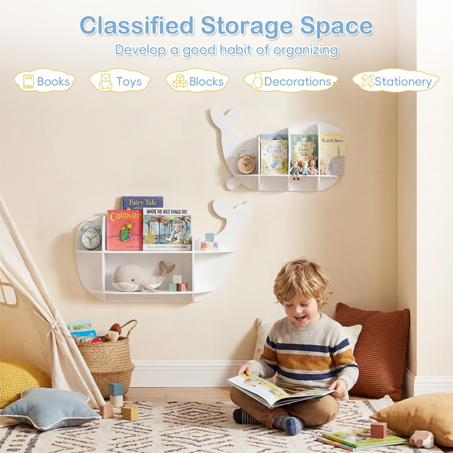 2 Pieces Whale Floating Shelves, Wall Mounted Kids Bookshelf