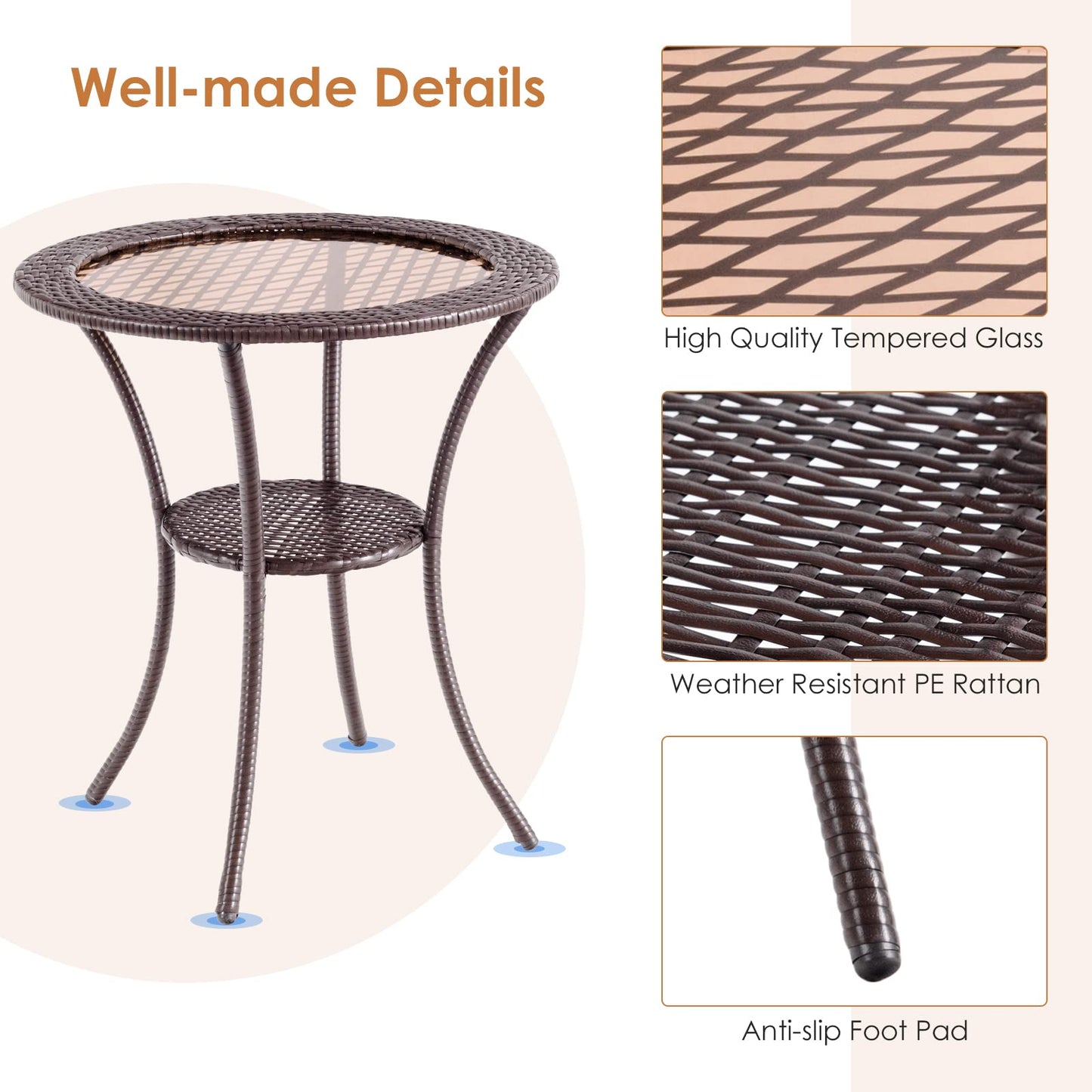 Patio Bistro Table with Tempered Glass Top and Storage Shelf