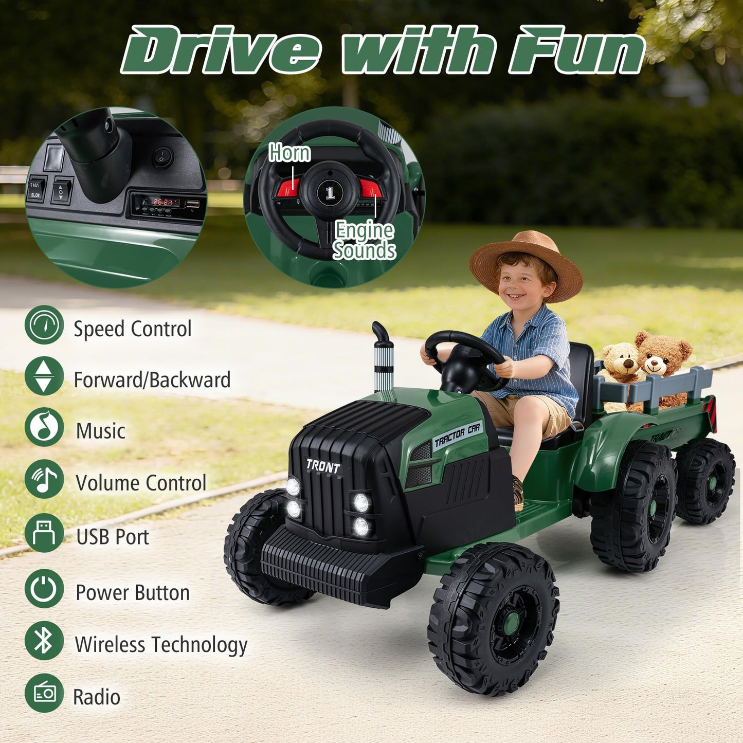 24V Ride On Tractor with Detachable Trailer for Kids