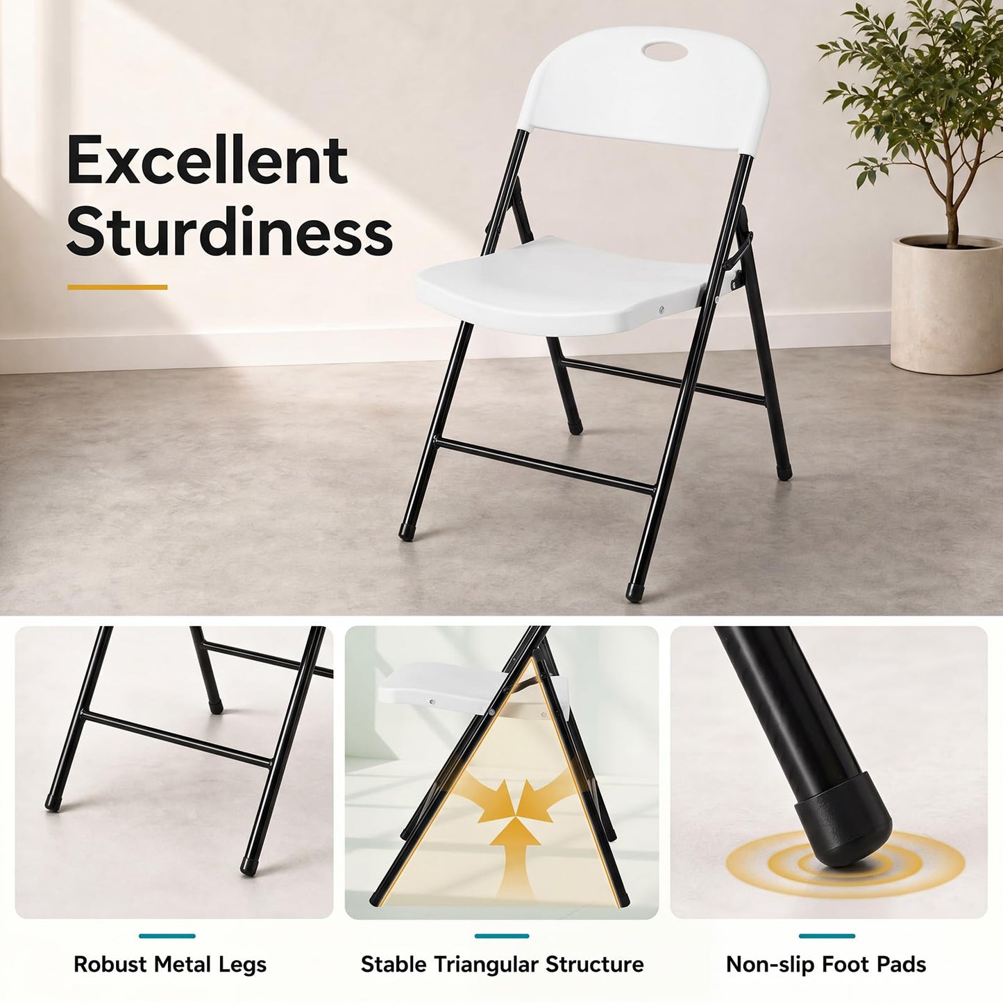 Foldable Plastic Chairs with Ergonomic Backrest and Metal Legs