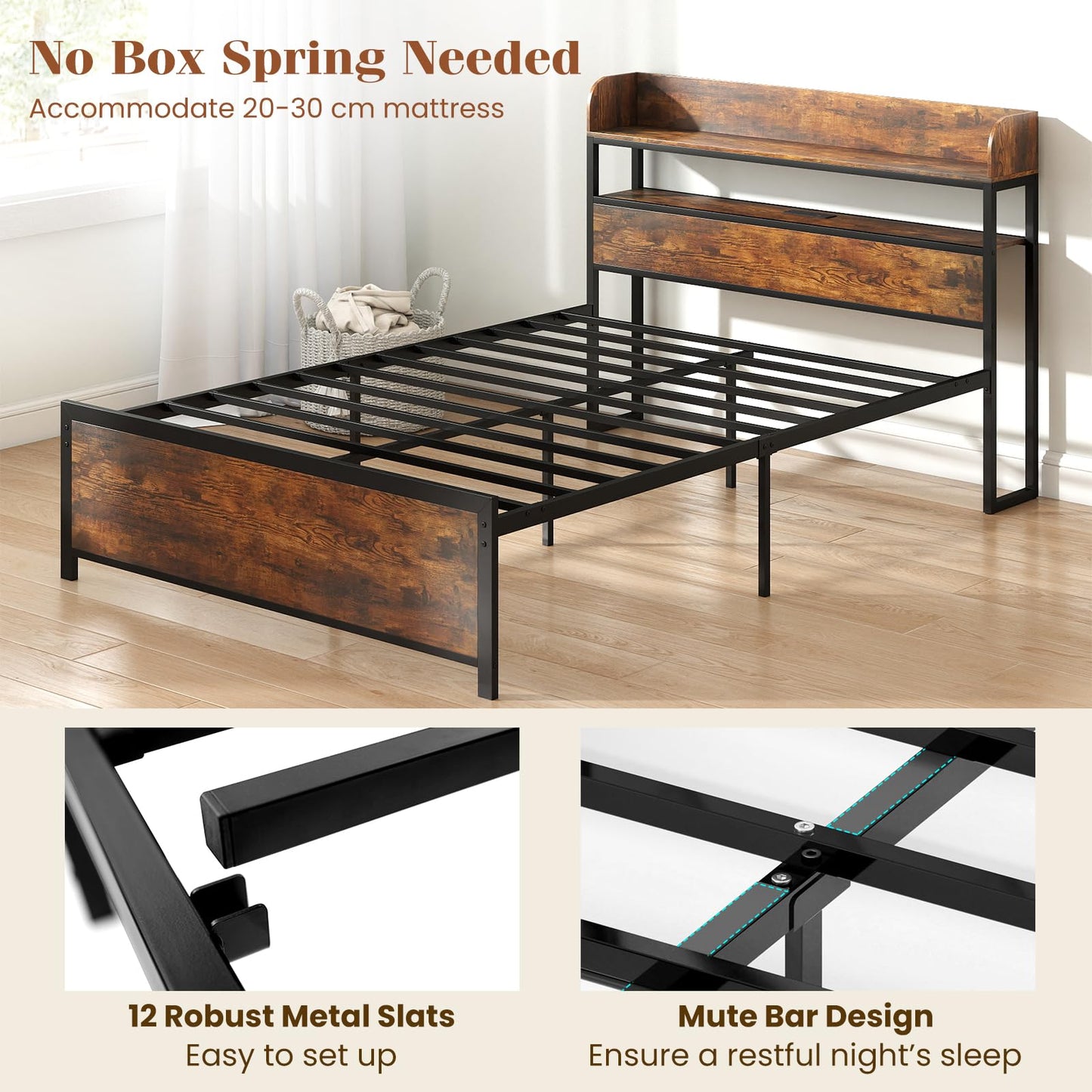 Double Bed Frame with LED Lights and Power Outlets with Storage Headboard