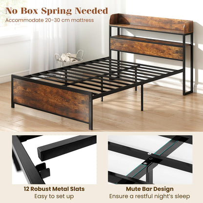Double Bed Frame with LED Lights and Power Outlets with Storage Headboard