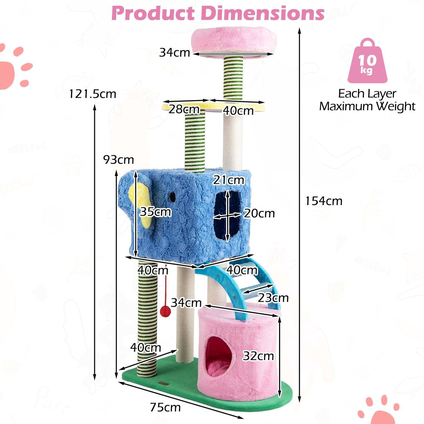 Elephant Themed Cat Tree for Cats with Condos and Padded Perch