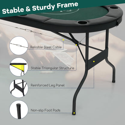 Foldable Poker Table for 8 Players Portable Oval Card Board with Cup Holders