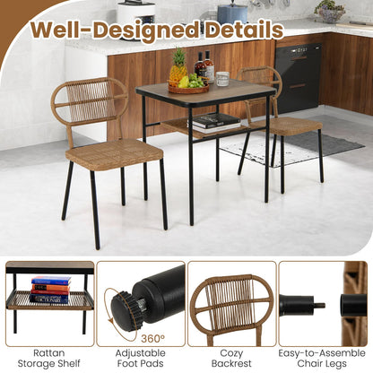 Outdoor Dining Table with 2 Varied-Size Stackable Rattan Chairs & Shelf