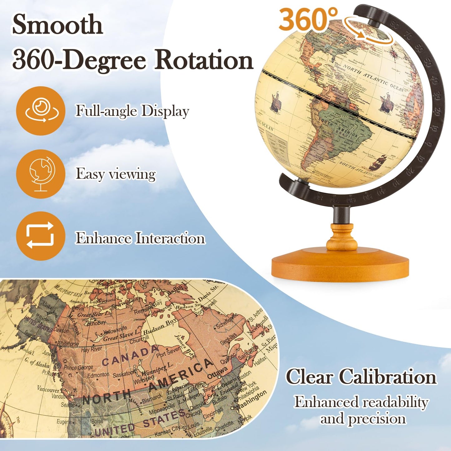 Antique Globe Dia 14cm with Wooden Base and Modern Map