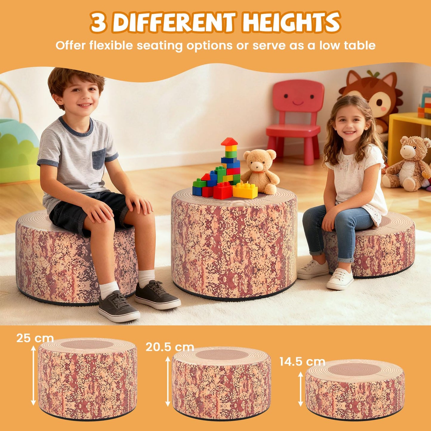 3 PCS Tree Stump Stool Set Round Flexible Seatings