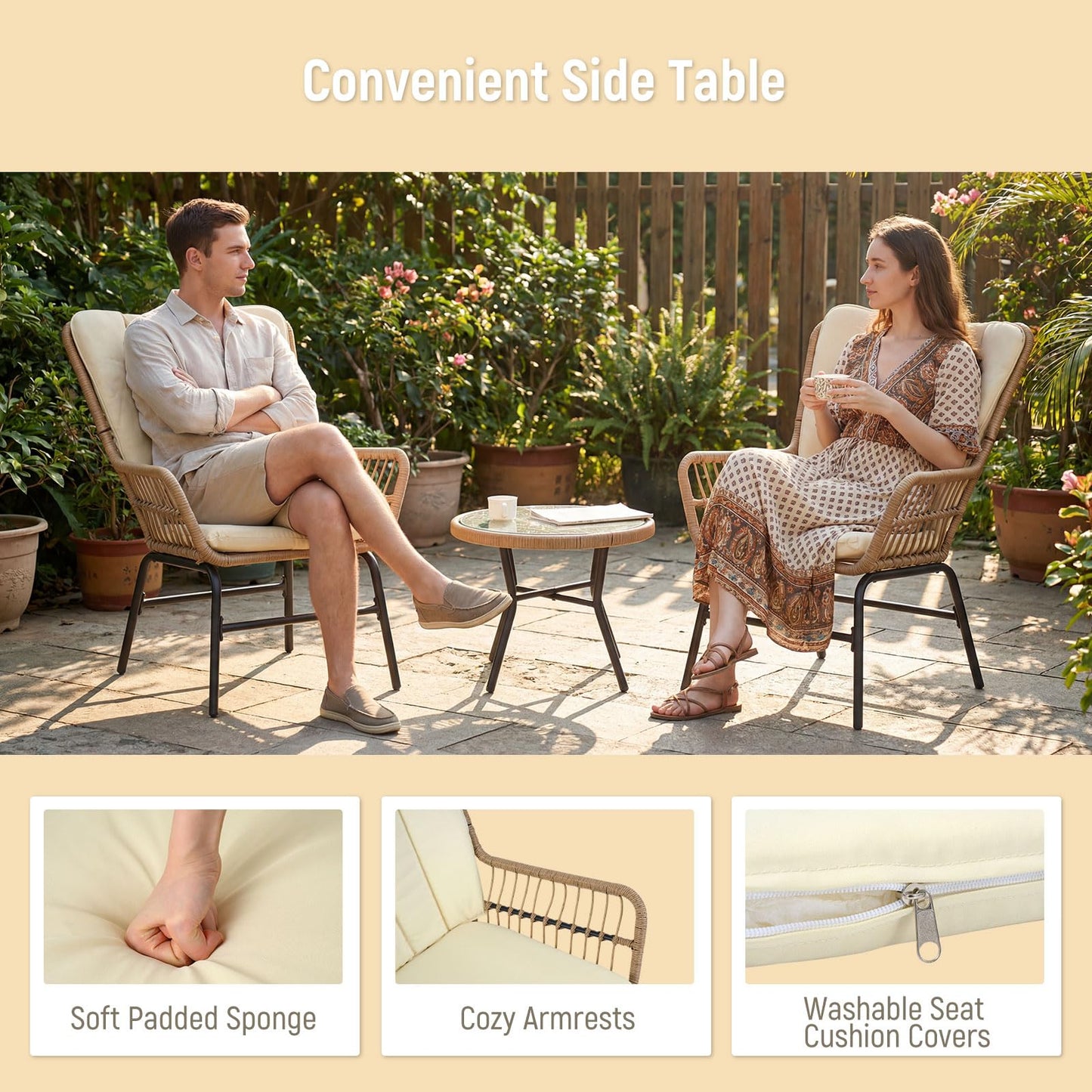 3 Pieces Patio Bistro Set Outdoor PE Wicker Conversation Set with Tempered Glass Coffee Table