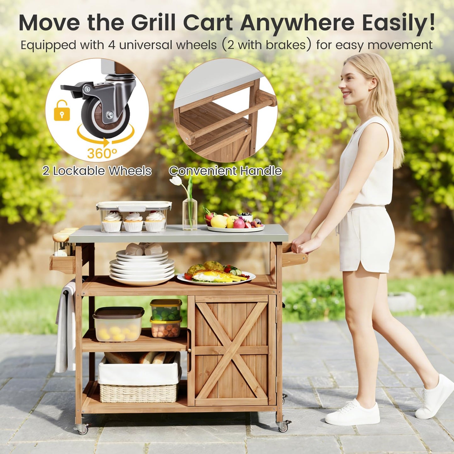 Wooden Grill Cart with Storage Outdoor Kitchen Island with Stainless Steel Top