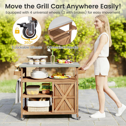 Wooden Grill Cart with Storage Outdoor Kitchen Island with Stainless Steel Top