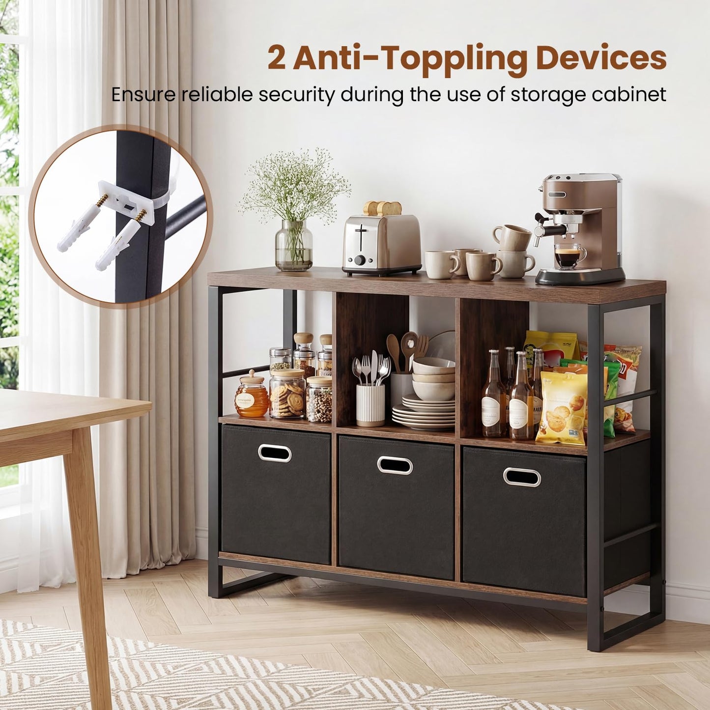 6 Cube Storage Organizer with 3 Storage Bins Sturdy Metal Frame and 3 Open Shelves