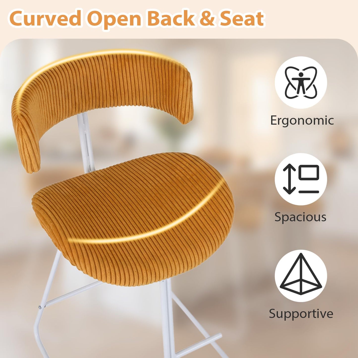 Bar Stools Set of 2, Fabric/PU Leather Upholstered Bar Chairs with Curved Back