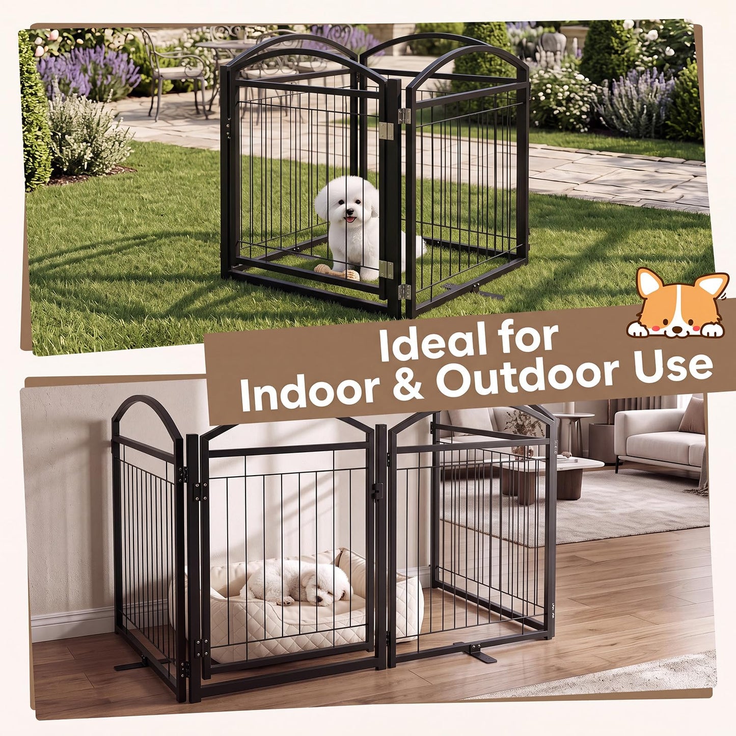 4 Panels Folding Dog Stair Gate, Freestanding Pet Playpen