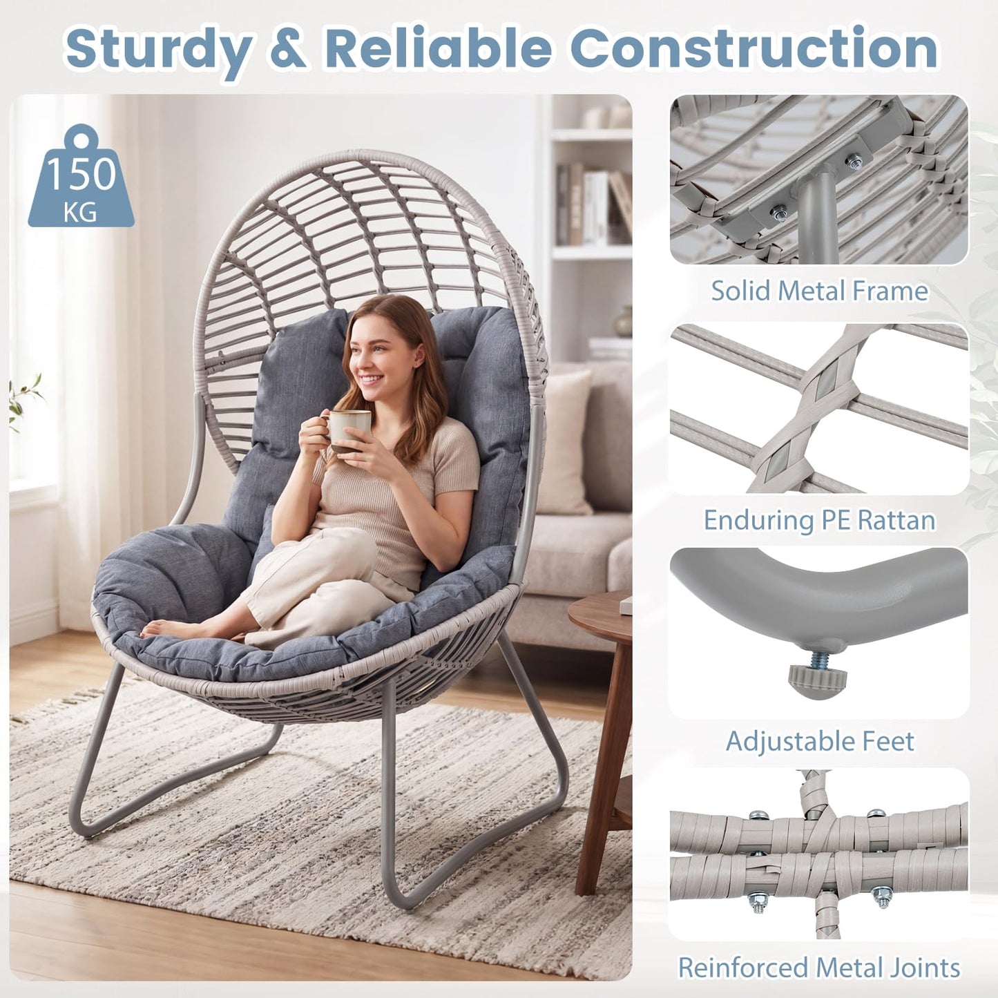 PE Wicker Egg Chair with Removable Seat and Back Cushion for Indoor Outdoor