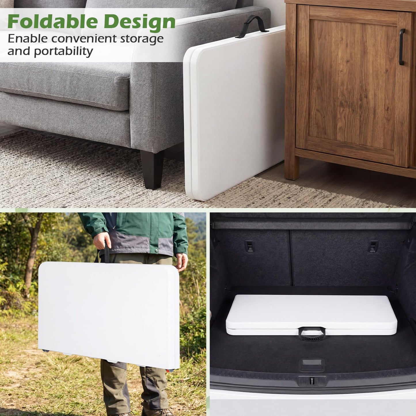 34"(3ft) Folding Table, Fold in Half Square Tables with Handle, Portable Plastic Dining Camping Trestle Table