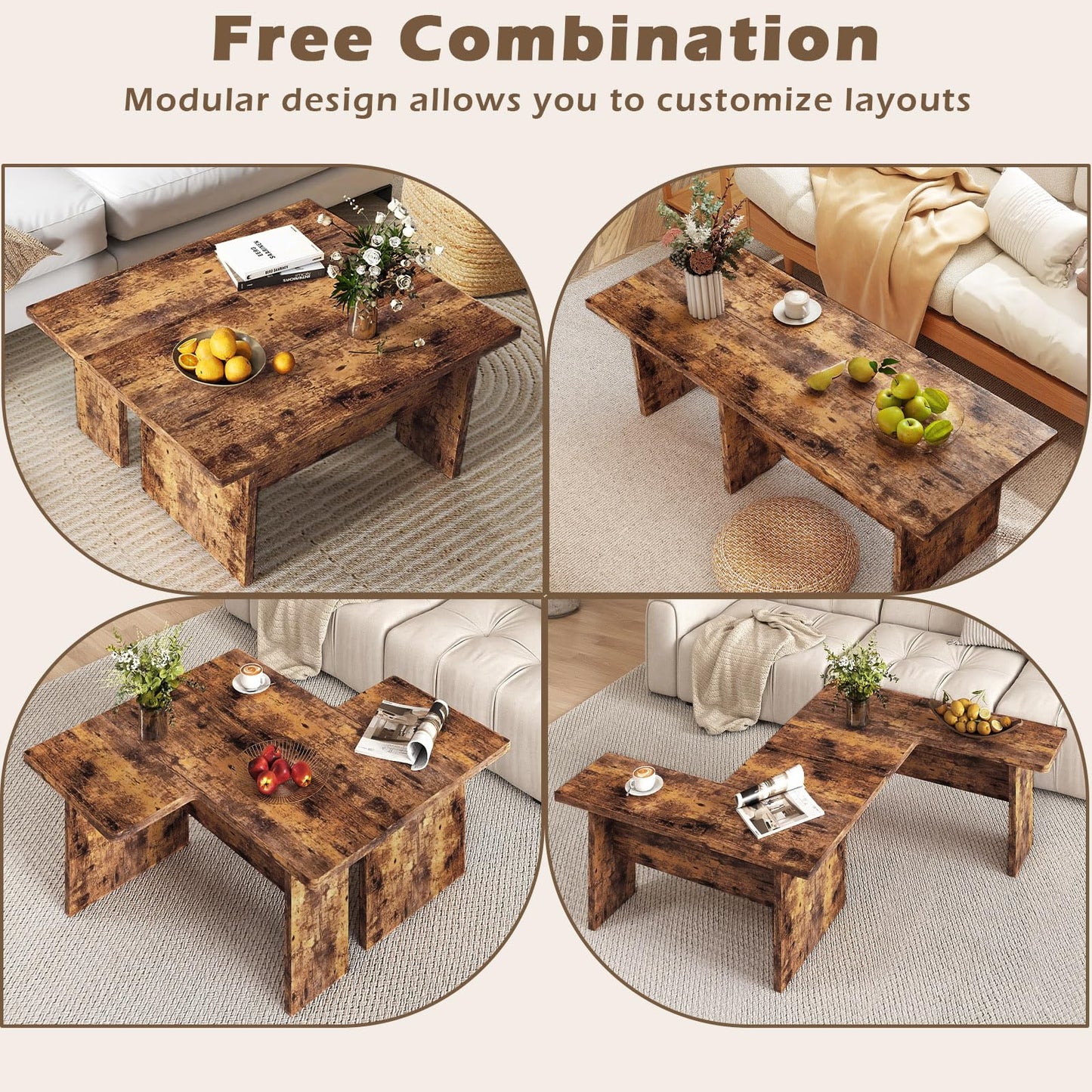 Modular Coffee Table Set of 2 L Shaped Center Tables for Small Space