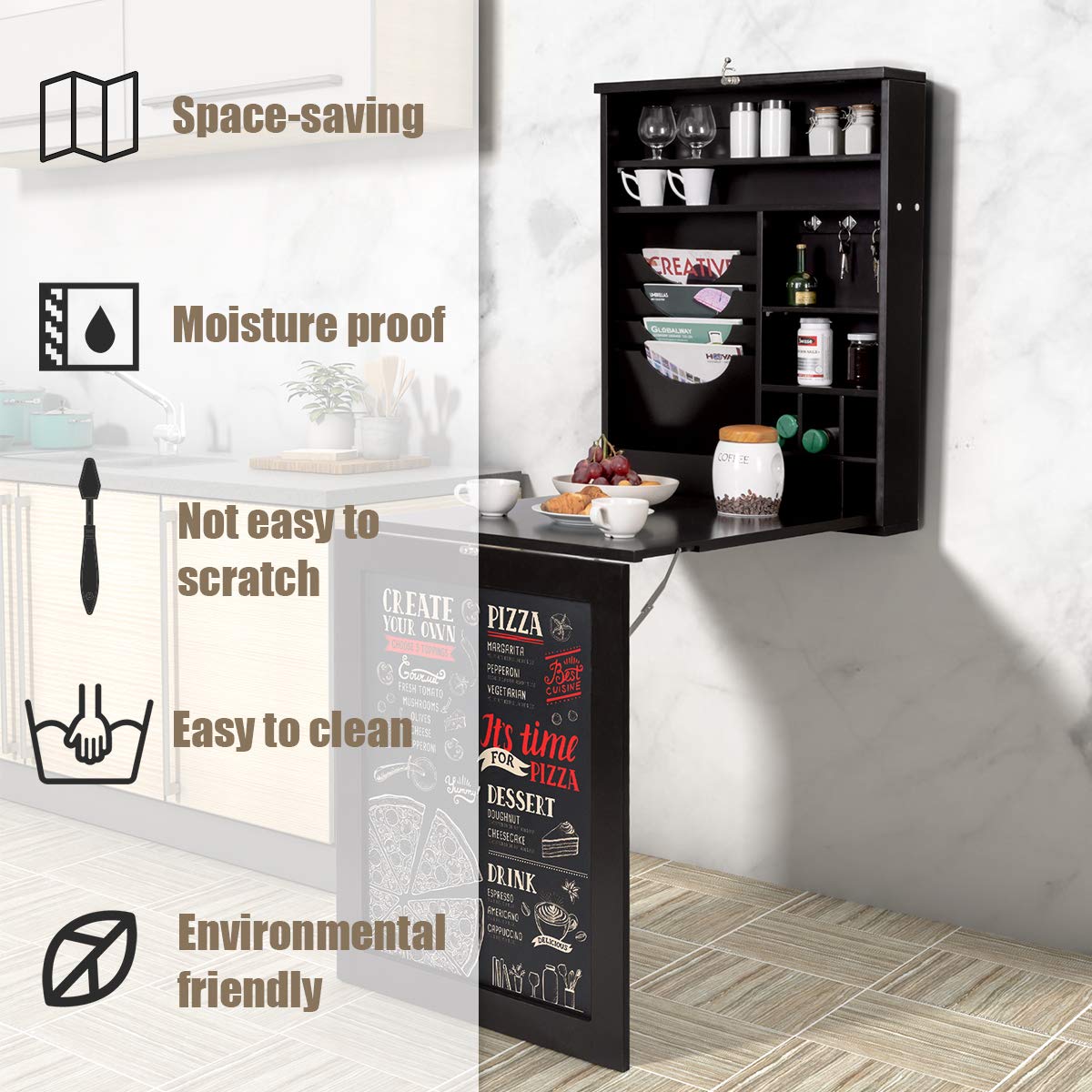 Folding Wall Mounted Drop-Leaf Table, Space Saving Floating Computer Desk with Chalkboard and Adjustable Storage Shelves