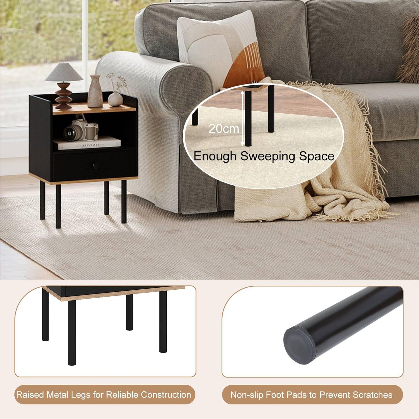 Modern Sofa Side Table with Drawer and Metal Legs for Small Spaces