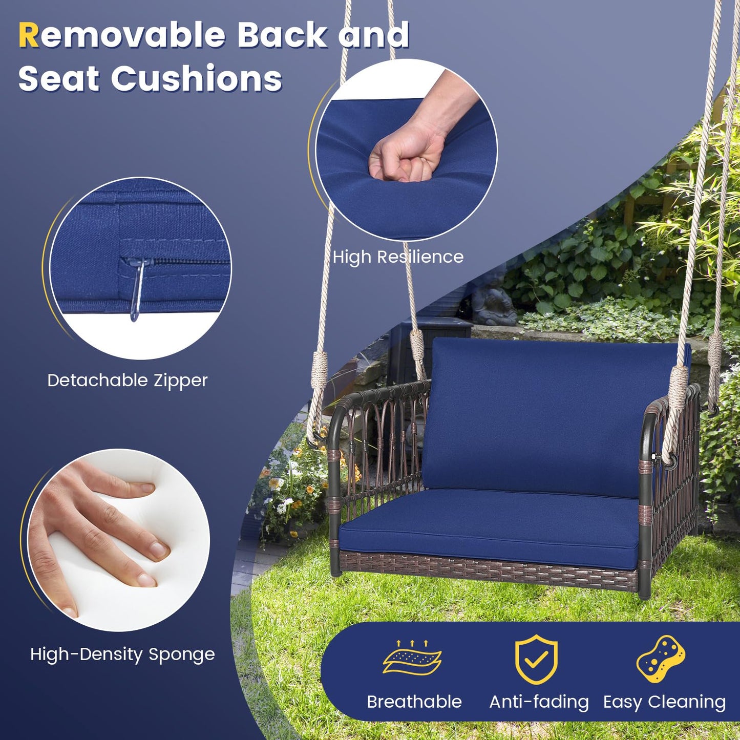Patio Porch Swing Chair with Back and Seat Cushion for Patio Balcony Backyard