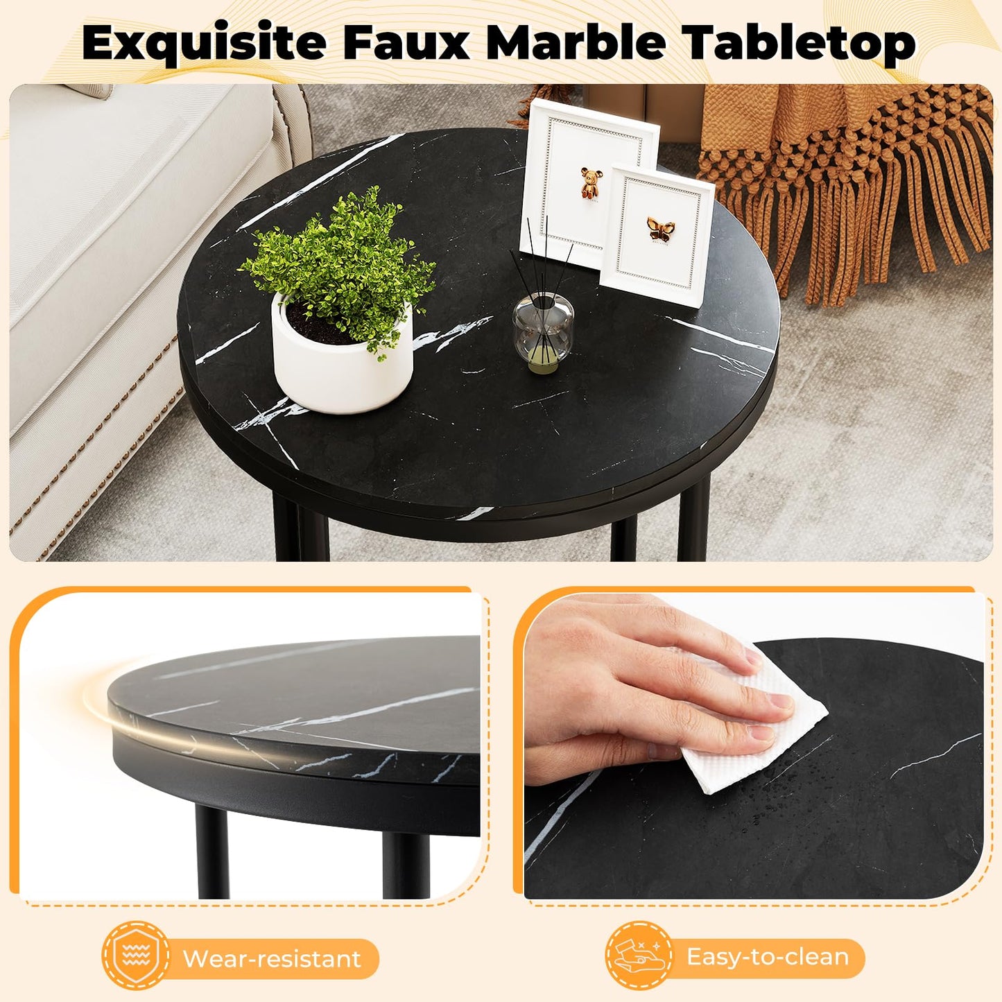 Round Side Table, 2-Tier Faux Marble Nightstand Sofa End Table